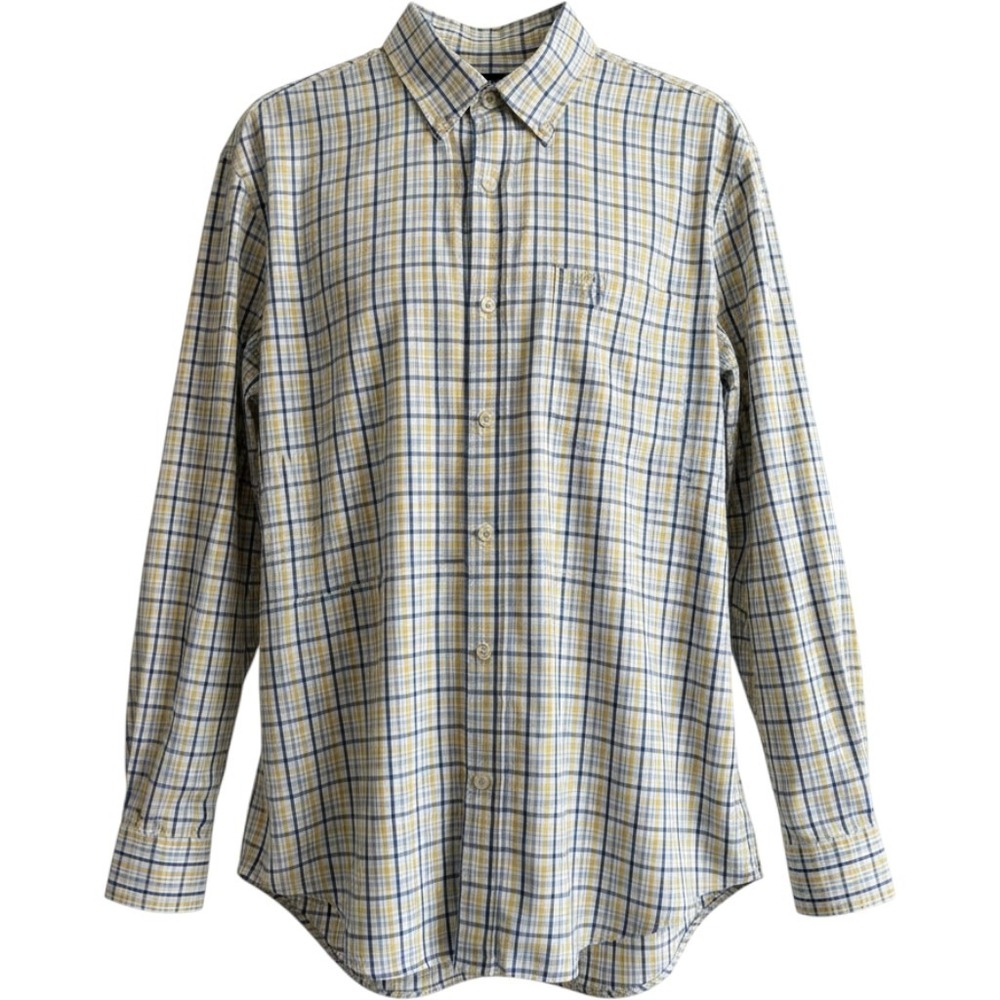 Orvis Button Down Shirt Mens L Tall Blue Yellow Plaid Heritage Wash Cotton